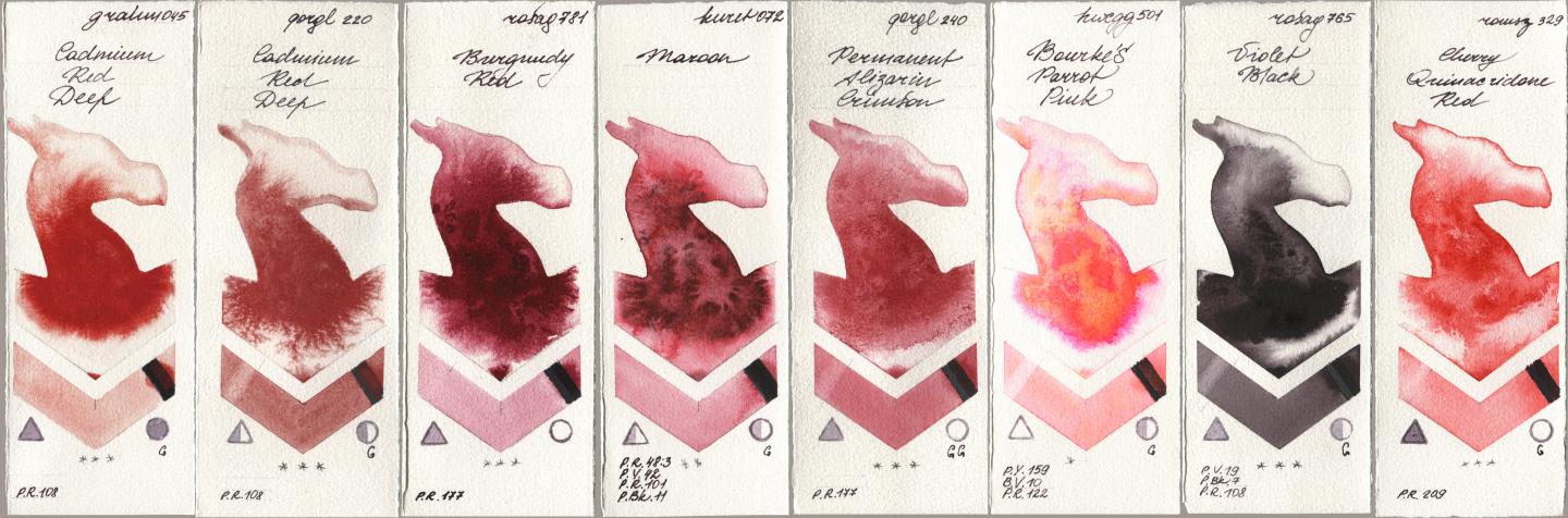 M. Graham & Co. Artists 045 Cadmium Red Deep, Golden QOR 220 Cadmium Red Deep, Rosa Gallery 781 Burgundy Red, Kuretake Gansai Tambi 072 Maroon, 240 Permanent Alizarin Crimson, Holbein Artists Watercolor 501 Bourkes Parrot Pink, 765 Violet Black, Roman Szmal Aquarius 329 Cherry Quinacridone R watercolor swatch
