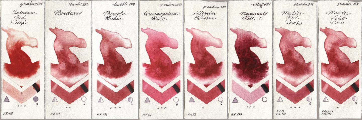 M. Graham & Co. Artists 045 Cadmium Red Deep, Shminke Horadam Aquarell 362 Bordeaux, Holbein Artists Watercolor 006 Pyrrole Rubin, 156 Quinacridone Rose, 010 Alizarin Crimson, Rosa Gallery 781 Burgundy Red, 354 Madder Red Dark, 358 Madder Lake De watercolor swatch