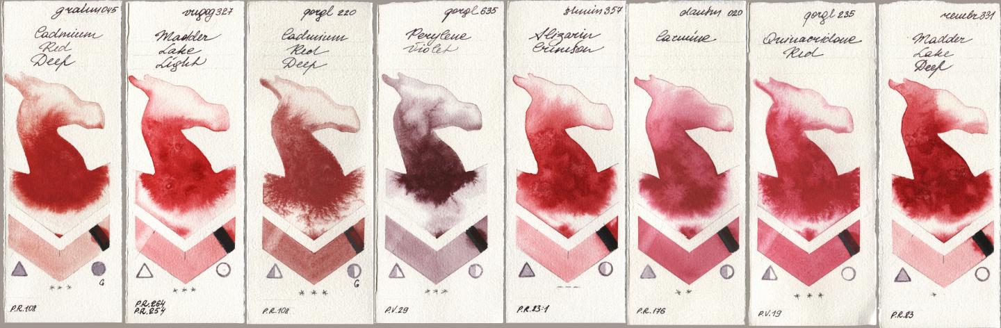 M. Graham & Co. Artists 045 Cadmium Red Deep, Royal Talens Van Gogh Watercolour 327 Madder Lake Light, Golden QOR 220 Cadmium Red Deep, 635 Perylene Violet, Shminke Horadam Aquarell 357 Alizarin Crimson, Daniel Smith 020 Carmine, 235 Quinacridone Red, Royal Talens Rembrandt Watercolour 331 Madder Lake De watercolor swatch