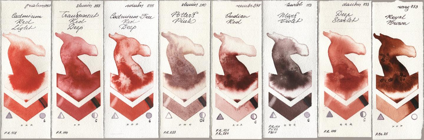 M. Graham & Co. Artists 050 Cadmium Red Light, Shminke Horadam Aquarell 355 Transparent Red Deep, Winsor & Newton Professional 895 Cadmium-Free Red Deep, 370 Potters Pink, Royal Talens Rembrandt Watercolour 347 Indian Red, Holbein Artists Watercolor 113 Mars Violet, Daniel Smith 033 Deep Scarlet, Rosa Gallery 753 Royal Bro watercolor swatch
