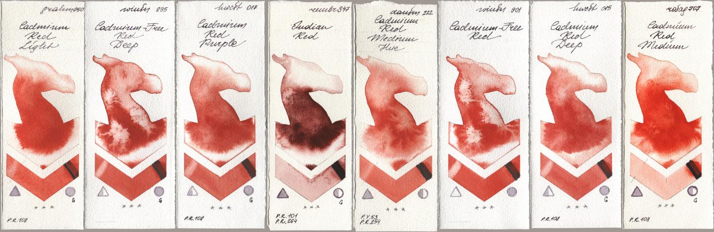 M. Graham & Co. Artists 050 Cadmium Red Light, Winsor & Newton Professional 895 Cadmium-Free Red Deep, Holbein Artists Watercolor 017 Cadmium Red Purple, Royal Talens Rembrandt Watercolour 347 Indian Red, Daniel Smith 222 Cadmium Red Medium Hue, 901 Cadmium-Free Red, 015 Cadmium Red Deep, Rosa Gallery 707 Cadmium Red Medi watercolor swatch