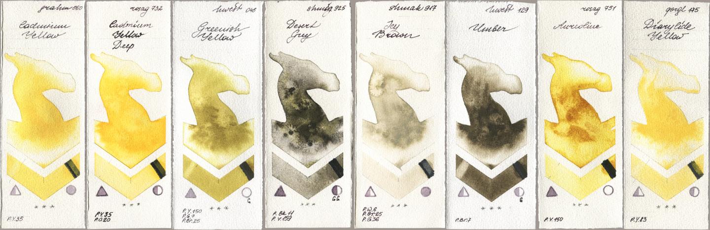 M. Graham & Co. Artists 060 Cadmium Yellow, Rosa Gallery 732 Cadmium Yellow Deep, Holbein Artists Watercolor 046 Greenish Yellow, Shminke Horadam Aquarell 925 Desert Grey, Shminke Akademie Aquarell 917 Icy Brown, 129 Umber, 751 Aureoline, Golden QOR 175 Diarylide Yell watercolor swatch