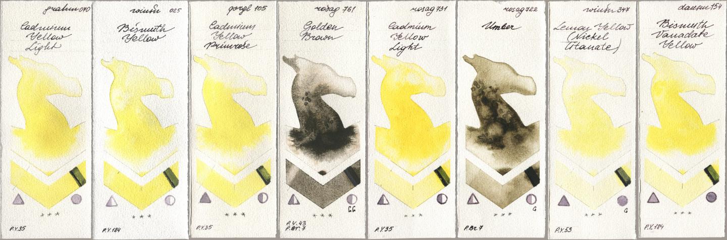 M. Graham & Co. Artists 070 Cadmium Yellow Light, Winsor & Newton Professional 025 Bismuth Yellow, Golden QOR 105 Cadmium Yellow Primrose, Rosa Gallery 761 Golden Brown, 731 Cadmium Yellow Light, 722 Umber, 347 Lemon Yellow (Nickel Titanate), Daniel Smith 154 Bismuth Vanadate Yell watercolor swatch