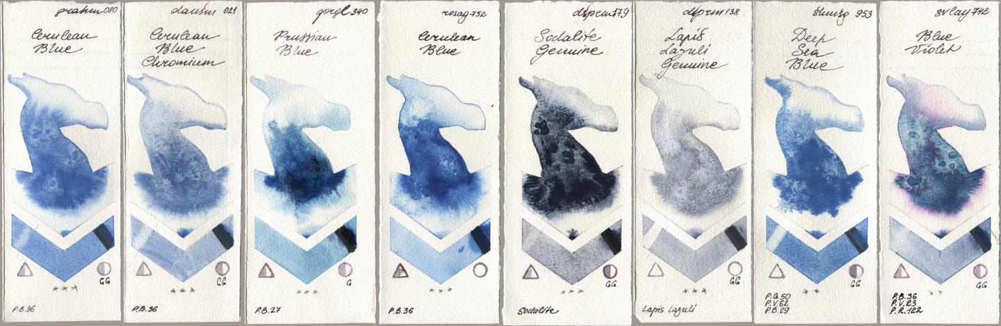 M. Graham & Co. Artists 080 Cerulean Blue, Daniel Smith 021 Cerulean Blue Chromium, Golden QOR 340 Prussian Blue, Rosa Gallery 752 Cerulean Blue, 179 Sodalite Genuine, 138 Lapis Lazuli Genuine, Shminke Horadam Aquarell 953 Deep Sea Blue, SuperVision 742 Blue Viol watercolor swatch