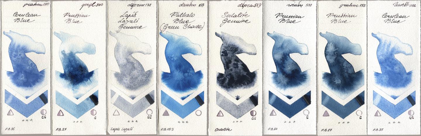 M. Graham & Co. Artists 080 Cerulean Blue, Golden QOR 340 Prussian Blue, Daniel Smith 138 Lapis Lazuli Genuine, 077 Phthalo Blue (Green Shade), 179 Sodalite Genuine, Winsor & Newton Professional 538 Prussian Blue, 153 Prussian Blue, Holbein Artists Watercolor 092 Cerulean Bl watercolor swatch