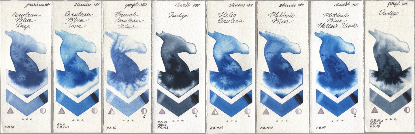 M. Graham & Co. Artists 081 Cerulean Blue Deep, Shminke Horadam Aquarell 481 Cerulean Blue Tone, Golden QOR 350 French Cerulean Blue, Holbein Artists Watercolor 098 Indigo, 479 Helio Cerulean, 484 Phthalo Blue, 107 Phthalo Blue Yellow Shade, 305 Indi watercolor swatch