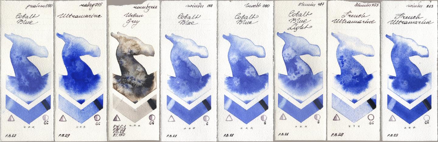 M. Graham & Co. Artists 090 Cobalt Blue, Rosa Gallery 715 Ultramarine, Roman Szmal Aquarius 262 Urban Grey, Winsor & Newton Professional 178 Cobalt Blue, Holbein Artists Watercolor 090 Cobalt Blue, Shminke Horadam Aquarell 487 Cobalt Blue Light, 493 French Ultramarine, 263 French Ultramari watercolor swatch