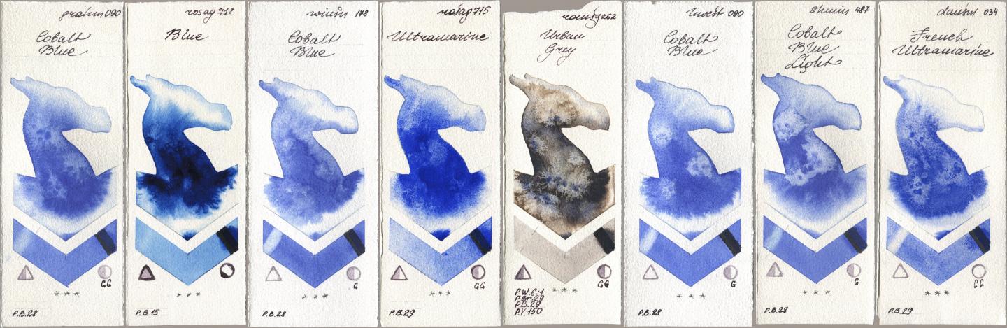 M. Graham & Co. Artists 090 Cobalt Blue, Rosa Gallery 718 Blue, Winsor & Newton Professional 178 Cobalt Blue, 715 Ultramarine, Roman Szmal Aquarius 262 Urban Grey, Holbein Artists Watercolor 090 Cobalt Blue, Shminke Horadam Aquarell 487 Cobalt Blue Light, Daniel Smith 034 French Ultramari watercolor swatch