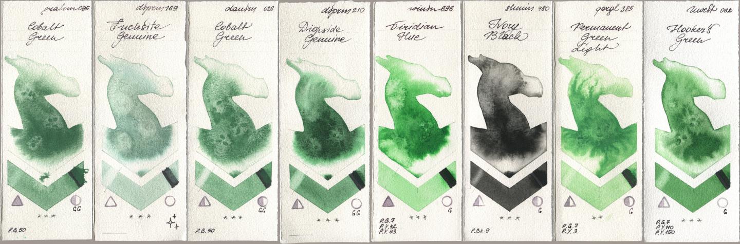 M. Graham & Co. Artists 095 Cobalt Green, Daniel Smith 169 Fuchsite Genuine, 026 Cobalt Green, 210 Diopside Genuine, Winsor & Newton Professional 696 Viridian Hue, Shminke Horadam Aquarell 780 Ivory Black, Golden QOR 385 Permanent Green Light, Holbein Artists Watercolor 062 Hookers Gre watercolor swatch