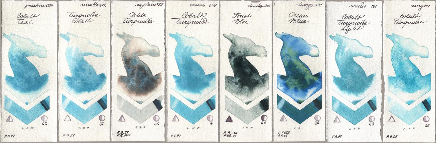 M. Graham & Co. Artists 097 Cobalt Teal, Maimeri Blu 412 Turquoise Cobalt, Mijello Mission Gold 827 Oxide Turquoise, Shminke Horadam Aquarell 509 Cobalt Turquoise, 943 Forest Blue, Holbein Artists Watercolor 531 Ocean Blue, Winsor & Newton Professional 191 Cobalt Turquoise Light, Rosa Gallery 741 Cobalt Turquoi watercolor swatch