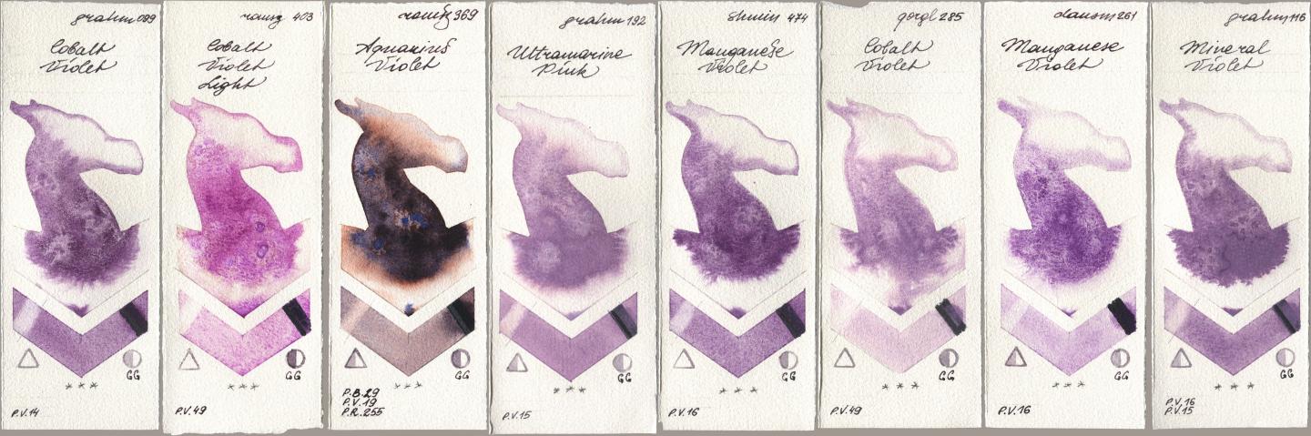 M. Graham & Co. Artists 099 Cobalt Violet, Roman Szmal Aquarius 403 Cobalt Violet Light, 369 Aquarius Violet, 192 Ultramarine Pink, Shminke Horadam Aquarell 474 Manganese Violet, Golden QOR 285 Cobalt Violet, Daniel Smith 261 Manganese Violet, 116 Mineral Viol watercolor swatch
