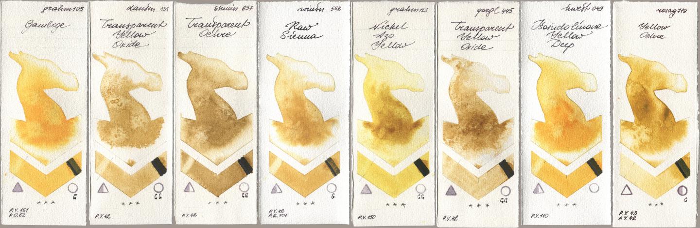 M. Graham & Co. Artists 105 Gamboge, Daniel Smith 131 Transparent Yellow Oxide, Shminke Horadam Aquarell 657 Transparent Ochre, Winsor & Newton Professional 552 Raw Sienna, 123 Nickel Azo Yellow, Golden QOR 445 Transparent Yellow Oxide, Holbein Artists Watercolor 049 Isoindolinone Yellow Deep, Rosa Gallery 719 Yellow Och watercolor swatch