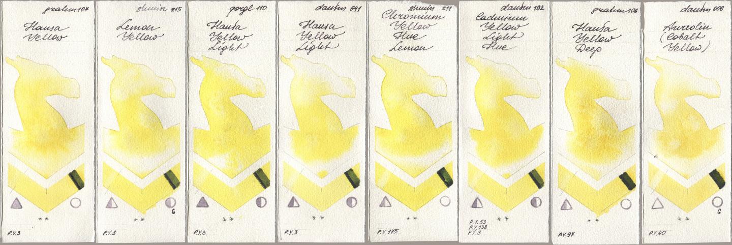 M. Graham & Co. Artists 107 Hansa Yellow, Shminke Horadam Aquarell 215 Lemon Yellow, Golden QOR 110 Hansa Yellow Light, Daniel Smith 041 Hansa Yellow Light, 211 Chromium Yellow Hue Lemon, 192 Cadmium Yellow Light Hue, 106 Hansa Yellow Deep, 006 Aureolin (Cobalt Yello watercolor swatch