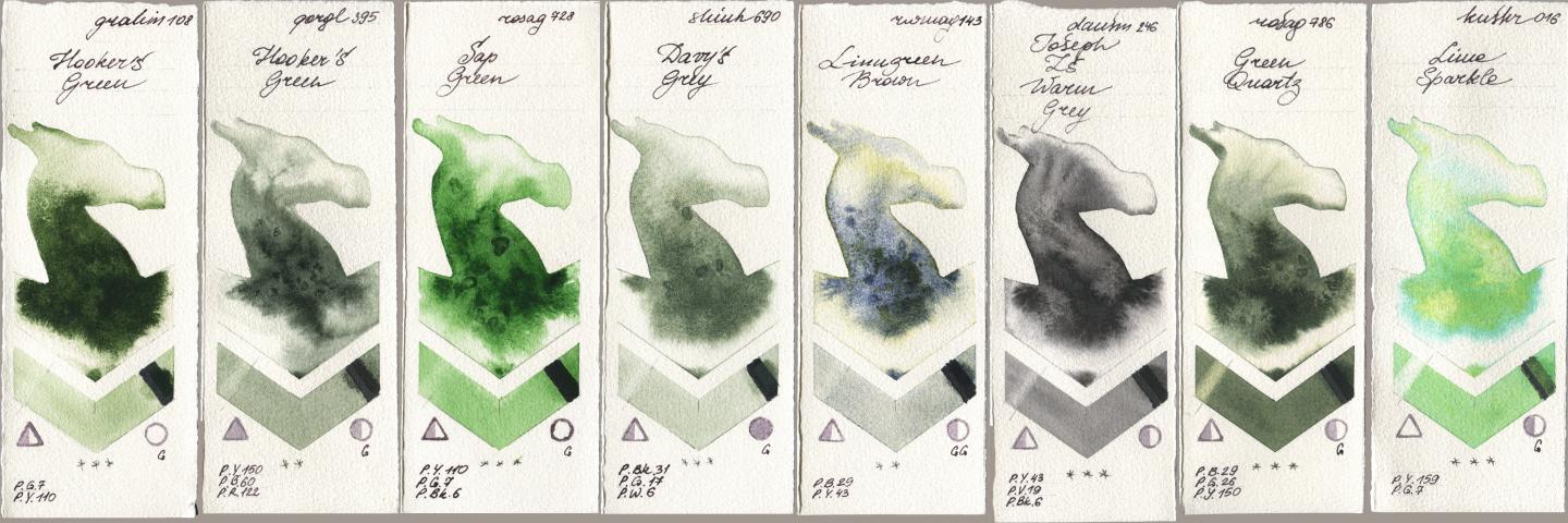 M. Graham & Co. Artists 108 Hookers Green, Golden QOR 395 Hookers Green, Rosa Gallery 728 Sap Green, Shinhan PWC 690 Davys Grey, Rockwell 143 Limugreen Brown, Daniel Smith 246 Joseph Zs Warm Grey, 786 Green Quartz, Kusakabe 016 Lime Spark watercolor swatch