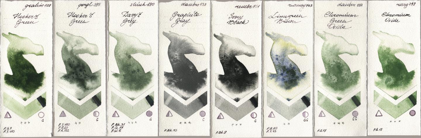 M. Graham & Co. Artists 108 Hookers Green, Golden QOR 395 Hookers Green, Shinhan PWC 690 Davys Grey, Daniel Smith 038 Graphite Gray, Royal Talens Rembrandt Watercolour 701 Ivory Black, Rockwell 143 Limugreen Brown, 024 Chromium Green Oxide, Rosa Gallery 743 Chromium Oxi watercolor swatch