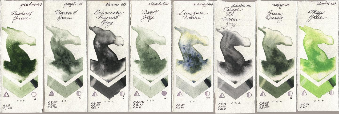 M. Graham & Co. Artists 108 Hookers Green, Golden QOR 395 Hookers Green, Shminke Horadam Aquarell 783 Schmincke Paynes Grey, Shinhan PWC 690 Davys Grey, Rockwell 143 Limugreen Brown, Daniel Smith 246 Joseph Zs Warm Grey, Rosa Gallery 786 Green Quartz, 524 May Gre watercolor swatch