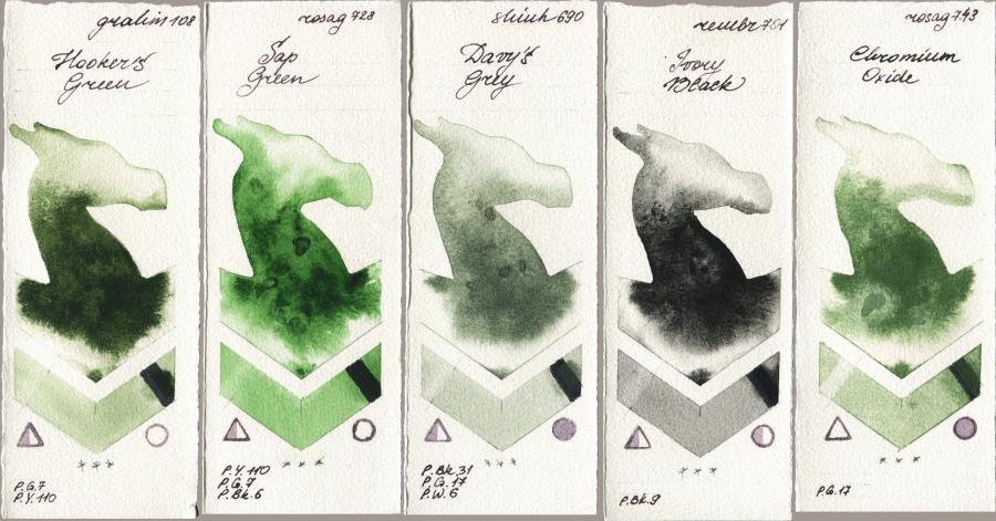 M. Graham & Co. Artists 108 Hookers Green vs Rosa Gallery 728 Sap Green vs Shinhan PWC 690 Davys Grey vs Royal Talens Rembrandt Watercolour 701 Ivory Black vs 743 Chromium Oxide watercolor swatch