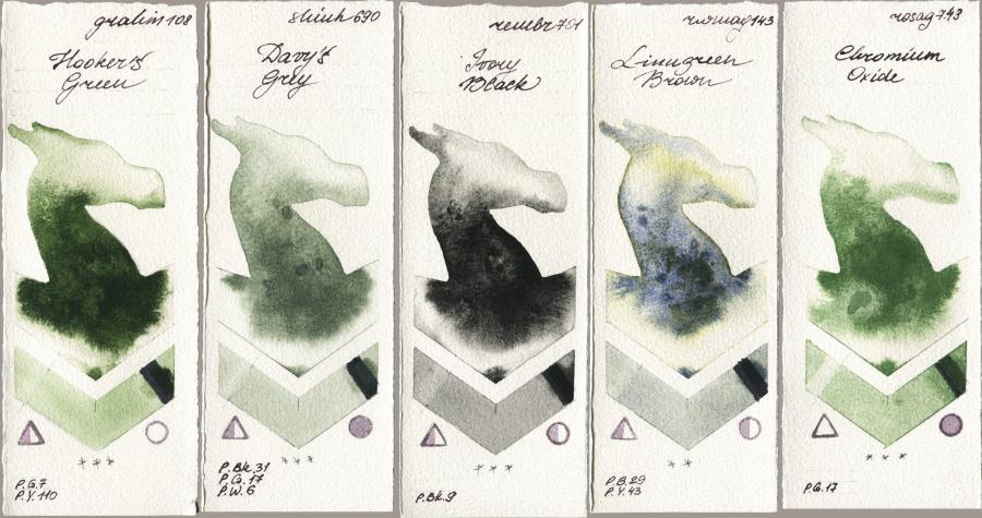 M. Graham & Co. Artists 108 Hookers Green vs Shinhan PWC 690 Davys Grey vs Royal Talens Rembrandt Watercolour 701 Ivory Black vs Rockwell 143 Limugreen Brown vs Rosa Gallery 743 Chromium Oxide watercolor swatch