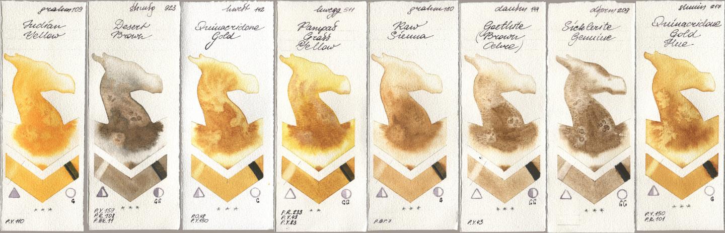 M. Graham & Co. Artists 109 Indian Yellow, Shminke Horadam Aquarell 923 Desert Brown, Holbein Artists Watercolor 142 Quinacridone Gold, 511 Pampas Grass Yellow, 160 Raw Sienna, Daniel Smith 144 Goethite (Brown Ochre), 209 Sicklerite Genuine, 217 Quinacridone Gold H watercolor swatch