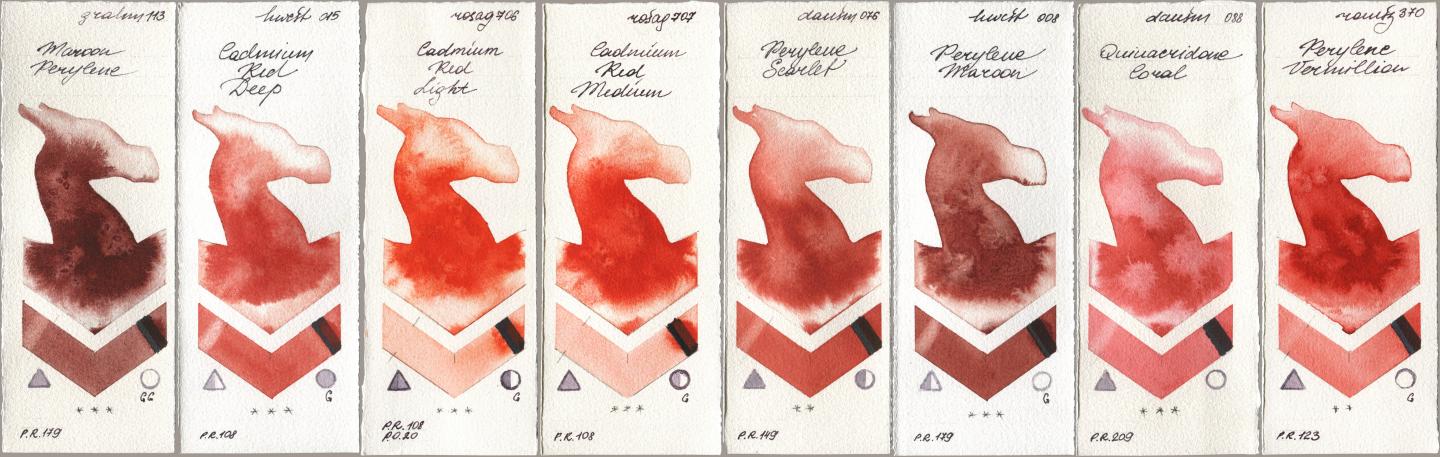 M. Graham & Co. Artists 113 Maroon Perylene, Holbein Artists Watercolor 015 Cadmium Red Deep, Rosa Gallery 706 Cadmium Red Light, 707 Cadmium Red Medium, Daniel Smith 076 Perylene Scarlet, 008 Perylene Maroon, 088 Quinacridone Coral, Roman Szmal Aquarius 370 Perylene Vermilli watercolor swatch