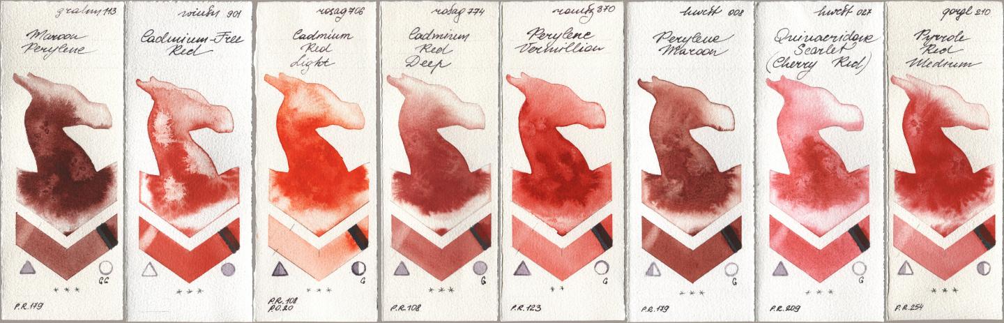 M. Graham & Co. Artists 113 Maroon Perylene, Winsor & Newton Professional 901 Cadmium-Free Red, Rosa Gallery 706 Cadmium Red Light, 774 Cadmium Red Deep, Roman Szmal Aquarius 370 Perylene Vermillion, Holbein Artists Watercolor 008 Perylene Maroon, 027 Quinacridone Scarlet (Cherry Red), Golden QOR 210 Pyrrole Red Medi watercolor swatch