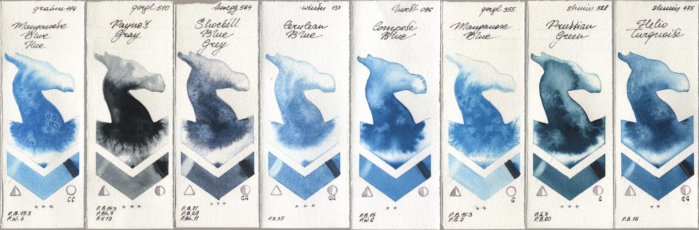 M. Graham & Co. Artists 114 Manganese Blue Hue, Golden QOR 510 Paynes Gray, Holbein Artists Watercolor 564 Shoebill Blue Grey, Winsor & Newton Professional 137 Cerulean Blue, 096 Compose Blue, 355 Manganese Blue, Shminke Horadam Aquarell 528 Prussian Green, 475 Helio Turquoi watercolor swatch
