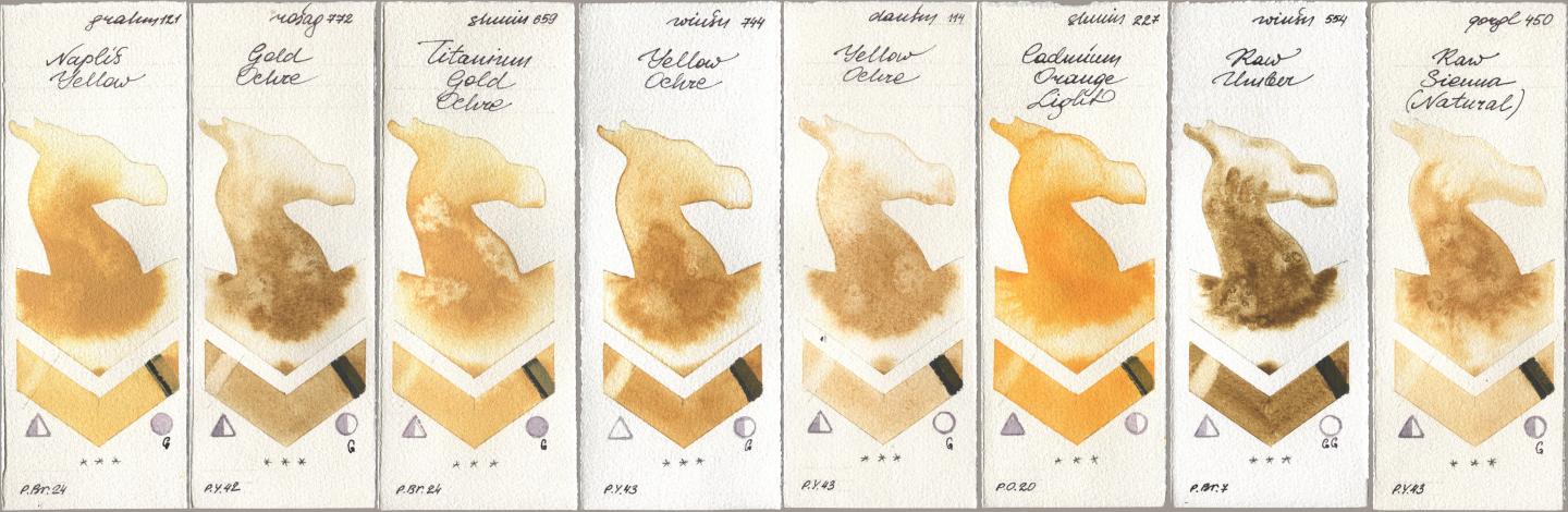 M. Graham & Co. Artists 121 Naples Yellow, Rosa Gallery 772 Gold Ochre, Shminke Horadam Aquarell 659 Titanium Gold Ochre, Winsor & Newton Professional 744 Yellow Ochre, Daniel Smith 114 Yellow Ochre, 227 Cadmium Orange Light, 554 Raw Umber, Golden QOR 450 Raw Sienna (Natura watercolor swatch