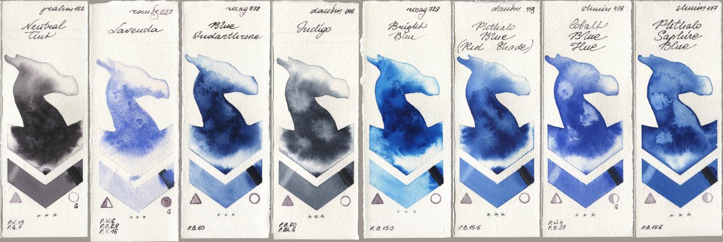 M. Graham & Co. Artists 122 Neutral Tint, Roman Szmal Aquarius 227 Lavenda, Rosa Gallery 738 Blue Indanthrene, Daniel Smith 046 Indigo, 729 Bright Blue, 119 Phthalo Blue (Red Shade), Shminke Horadam Aquarell 486 Cobalt Blue Hue, 477 Phthalo Saphire Bl watercolor swatch