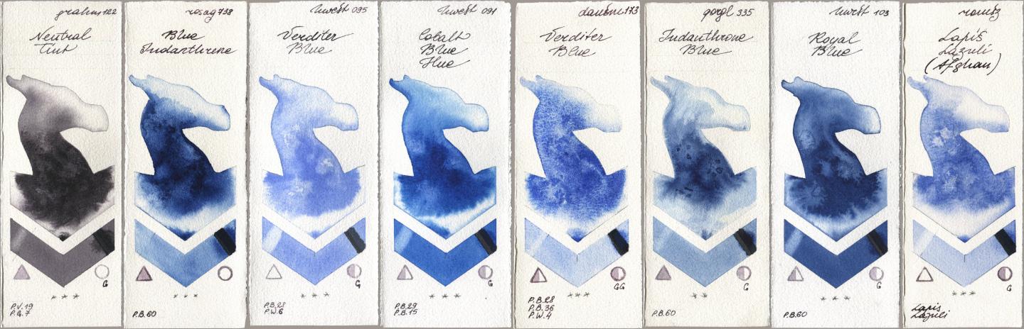M. Graham & Co. Artists 122 Neutral Tint, Rosa Gallery 738 Blue Indanthrene, Holbein Artists Watercolor 095 Verditer Blue, 091 Cobalt Blue Hue, Daniel Smith 173 Verditer Blue, Golden QOR 335 Indanthrone Blue, 103 Royal Blue, Roman Szmal Aquarius 999 Lapis Lazuli Afgh watercolor swatch