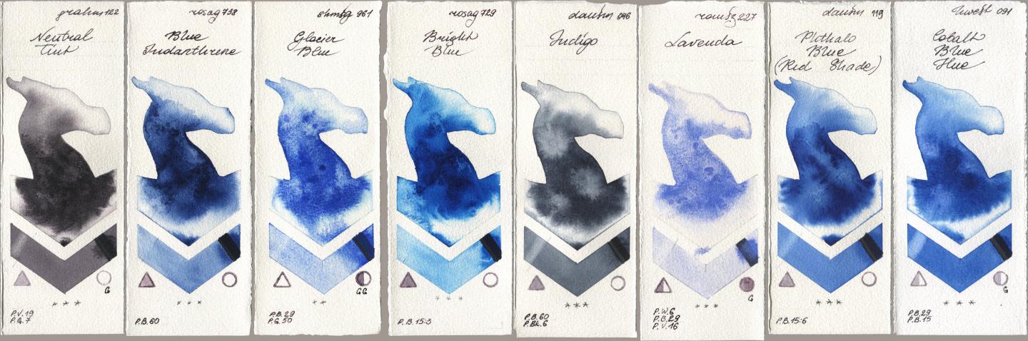 M. Graham & Co. Artists 122 Neutral Tint, Rosa Gallery 738 Blue Indanthrene, Shminke Horadam Aquarell 961 Glacier Blue, 729 Bright Blue, Daniel Smith 046 Indigo, Roman Szmal Aquarius 227 Lavenda, 119 Phthalo Blue (Red Shade), Holbein Artists Watercolor 091 Cobalt Blue H watercolor swatch