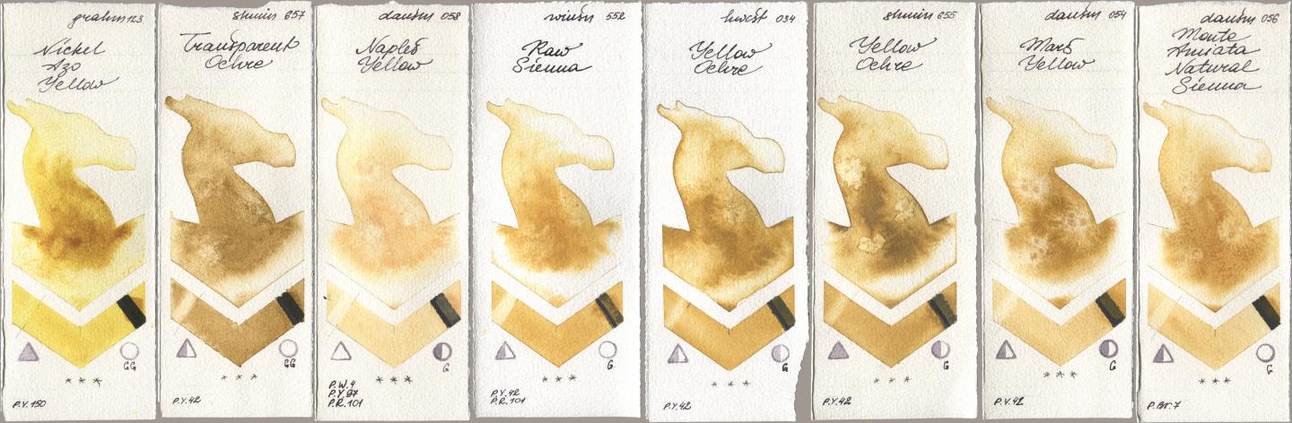M. Graham & Co. Artists 123 Nickel Azo Yellow, Shminke Horadam Aquarell 657 Transparent Ochre, Daniel Smith 058 Naples Yellow, Winsor & Newton Professional 552 Raw Sienna, Holbein Artists Watercolor 034 Yellow Ochre, 655 Yellow Ochre, 054 Mars Yellow, 056 Monte Amiata Natural Sien watercolor swatch