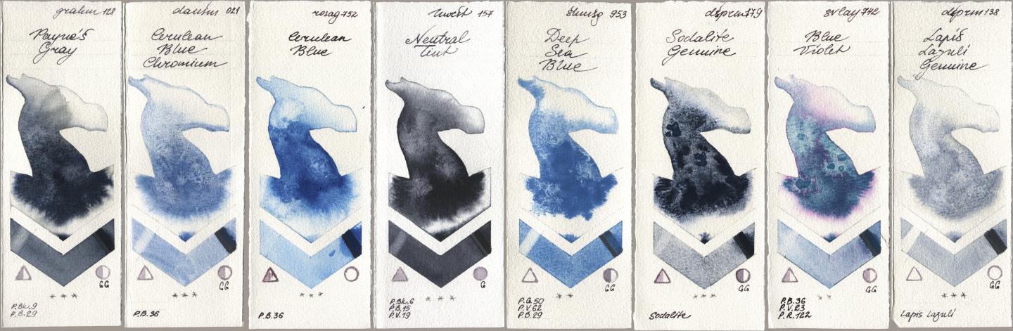 M. Graham & Co. Artists 128 Payne’s Gray, Daniel Smith 021 Cerulean Blue Chromium, Rosa Gallery 752 Cerulean Blue, Holbein Artists Watercolor 157 Neutral Tint, Shminke Horadam Aquarell 953 Deep Sea Blue, 179 Sodalite Genuine, SuperVision 742 Blue Violet, 138 Lapis Lazuli Genui watercolor swatch