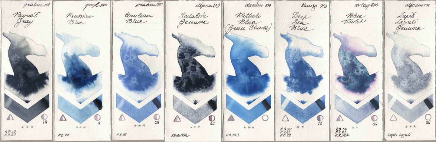 M. Graham & Co. Artists 128 Payne’s Gray, Golden QOR 340 Prussian Blue, 080 Cerulean Blue, Daniel Smith 179 Sodalite Genuine, 077 Phthalo Blue (Green Shade), Shminke Horadam Aquarell 953 Deep Sea Blue, SuperVision 742 Blue Violet, 138 Lapis Lazuli Genui watercolor swatch