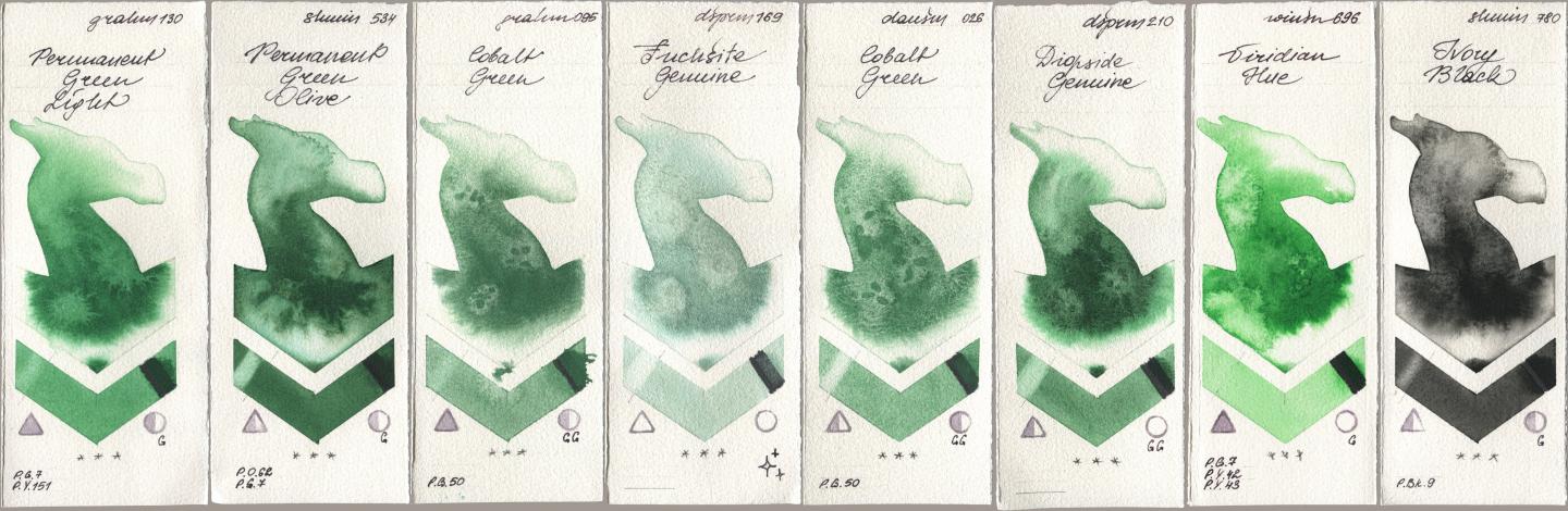M. Graham & Co. Artists 130 Permanent Green Light, Shminke Horadam Aquarell 534 Permanent Green Olive, 095 Cobalt Green, Daniel Smith 169 Fuchsite Genuine, 026 Cobalt Green, 210 Diopside Genuine, Winsor & Newton Professional 696 Viridian Hue, 780 Ivory Bla watercolor swatch