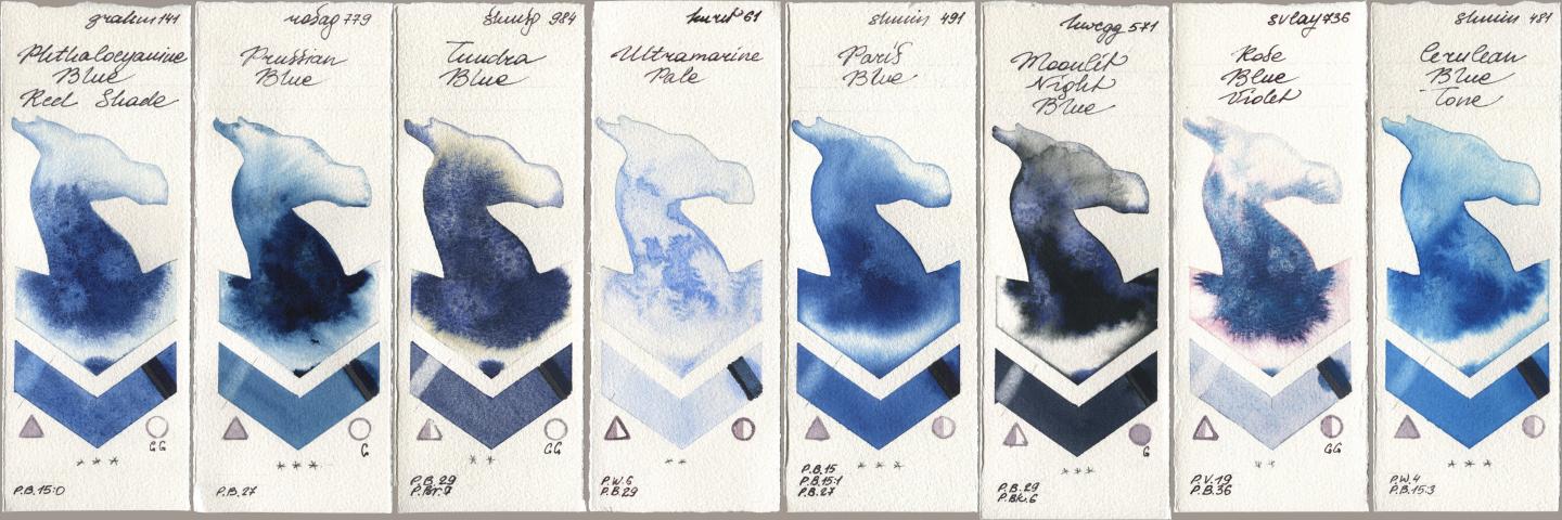 M. Graham & Co. Artists 141 Phthalocyanine Blue Red Shade, Rosa Gallery 779 Prussian Blue, Shminke Horadam Aquarell 984 Tundra Blue, Kuretake Gansai Tambi 061 Ultramarine Pale, 491 Paris Blue, Holbein Artists Watercolor 571 Moonlit Night Blue, SuperVision 736 Rose Blue Violet, 481 Cerulean Blue To watercolor swatch