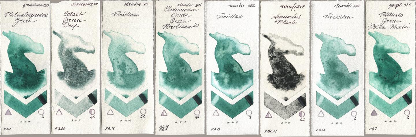 M. Graham & Co. Artists 150 Phthalocyanine Green, Daniel Smith 258 Cobalt Green Deep, 112 Viridian, Shminke Horadam Aquarell 511 Chromium Oxide Green Brilliant, Winsor & Newton Professional 692 Viridian, Roman Szmal Aquarius 247 Aquarius Black, Holbein Artists Watercolor 060 Viridian, Golden QOR 375 Phthalo Green (Blue Shad watercolor swatch