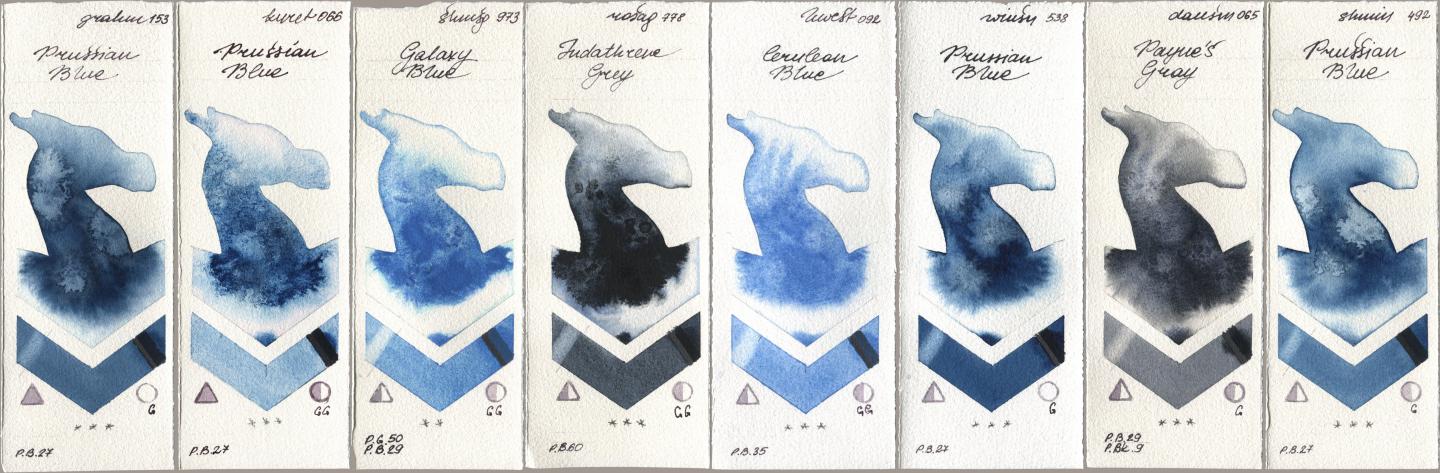 M. Graham & Co. Artists 153 Prussian Blue, Kuretake Gansai Tambi 066 Prussian Blue, Shminke Horadam Aquarell 973 Galaxy Blue, Rosa Gallery 778 Indanthrene Grey, Holbein Artists Watercolor 092 Cerulean Blue, Winsor & Newton Professional 538 Prussian Blue, Daniel Smith 065 Paynes Gray, 492 Prussian Bl watercolor swatch