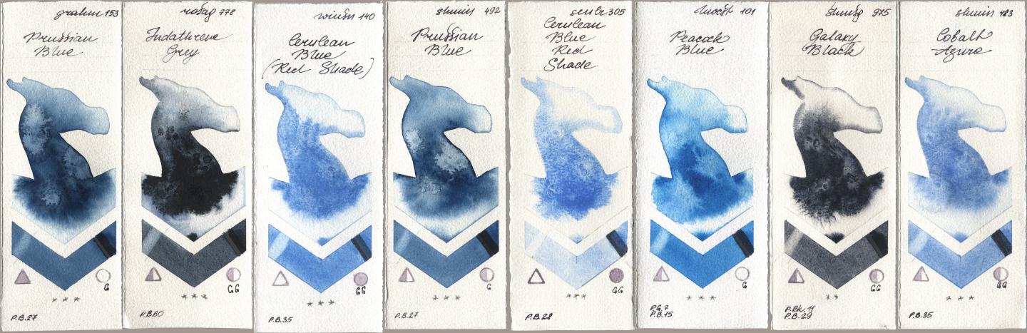 M. Graham & Co. Artists 153 Prussian Blue, Rosa Gallery 778 Indanthrene Grey, Winsor & Newton Professional 140 Cerulean Blue (Red Shade), Shminke Horadam Aquarell 492 Prussian Blue, Sennelier l Aquarelle 305 Cerulean Blue Red Shade, Holbein Artists Watercolor 101 Peacock Blue, 975 Galaxy Black, 483 Cobalt Azu watercolor swatch