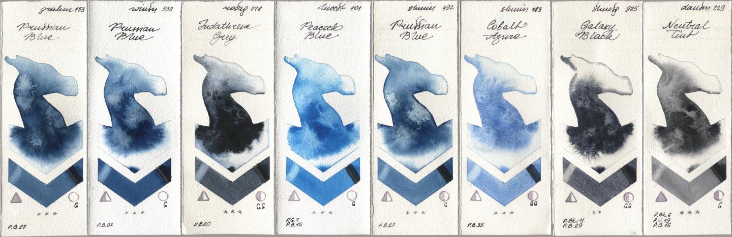 M. Graham & Co. Artists 153 Prussian Blue, Winsor & Newton Professional 538 Prussian Blue, Rosa Gallery 778 Indanthrene Grey, Holbein Artists Watercolor 101 Peacock Blue, Shminke Horadam Aquarell 492 Prussian Blue, 483 Cobalt Azure, 975 Galaxy Black, Daniel Smith 229 Neutral Ti watercolor swatch