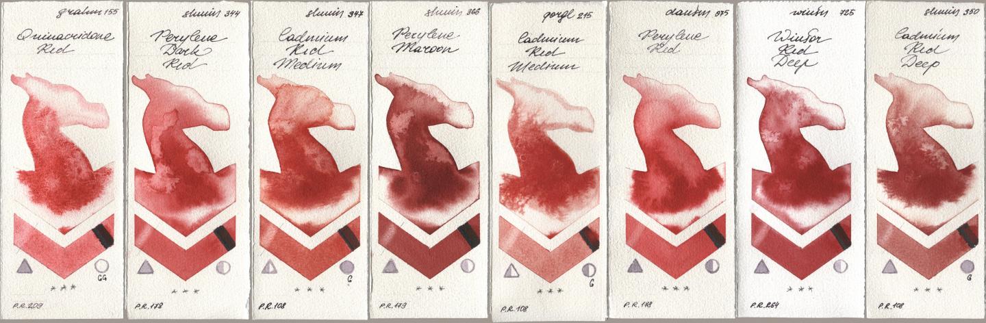 M. Graham & Co. Artists 155 Quinacridone Red, Shminke Horadam Aquarell 344 Perylene Dark Red, 347 Cadmium Red Medium, 366 Perylene Maroon, Golden QOR 215 Cadmium Red Medium, Daniel Smith 075 Perylene Red, Winsor & Newton Professional 725 Winsor Red Deep, 350 Cadmium Red De watercolor swatch