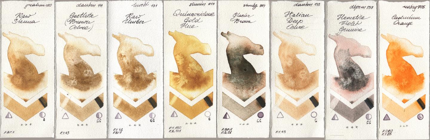 M. Graham & Co. Artists 160 Raw Sienna, Daniel Smith 144 Goethite (Brown Ochre), Holbein Artists Watercolor 131 Raw Umber, Shminke Horadam Aquarell 217 Quinacridone Gold Hue, 964 Glacier Brown, 135 Italian Deep Ochre, 157 Hematite Violet Genuine, Rosa Gallery 705 Cadmium Oran watercolor swatch