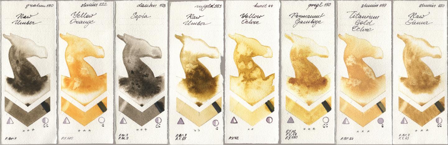 M. Graham & Co. Artists 170 Raw Umber, Shminke Horadam Aquarell 222 Yellow Orange, Daniel Smith 103 Sepia, Mijello Mission Gold 563 Raw Umber, Kuretake Gansai Tambi 044 Yellow Ochre, Golden QOR 150 Permanent Gamboge, 659 Titanium Gold Ochre, 660 Raw Sien watercolor swatch