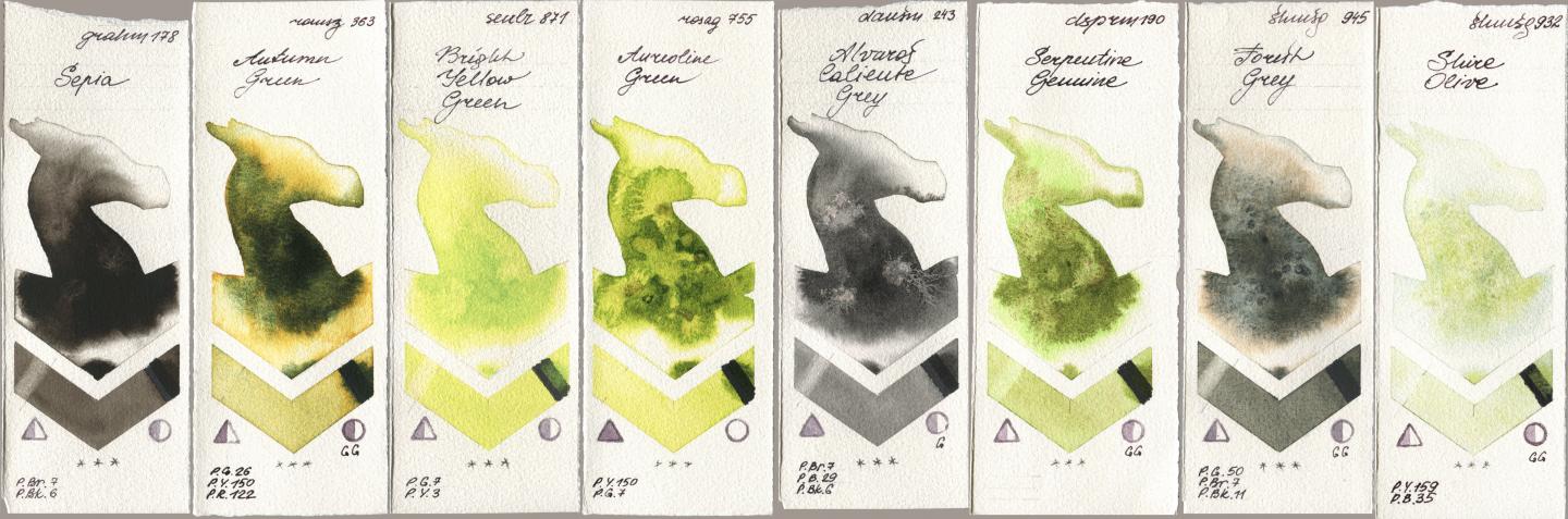 M. Graham & Co. Artists 178 Sepia, Roman Szmal Aquarius 363 Autumn Green, Sennelier l Aquarelle 871 Bright Yellow Green, Rosa Gallery 755 Aureoline Green, Daniel Smith 243 Alvaros Caliente Grey, 190 Serpentine Genuine, Shminke Horadam Aquarell 945 Forest Grey, 932 Shire Oli watercolor swatch