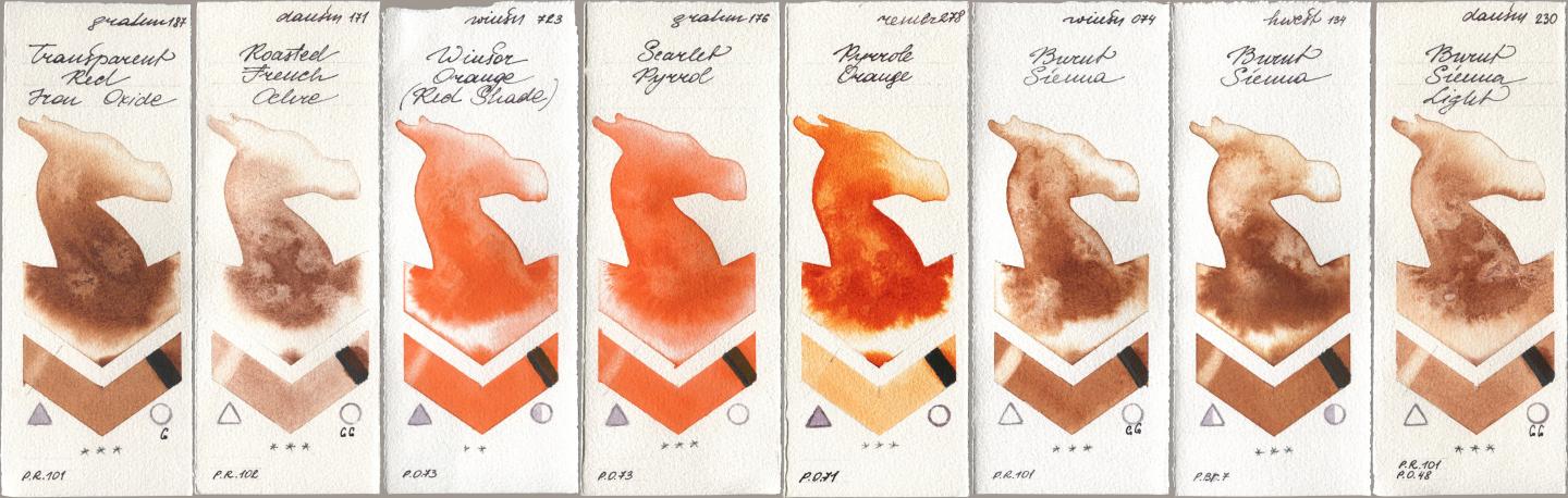 M. Graham & Co. Artists 187 Transparent Red Iron Oxide, Daniel Smith 171 Roasted French Ochre, Winsor & Newton Professional 723 Winsor Orange (Red Shade), 176 Scarlet Pyrrol, Royal Talens Rembrandt Watercolour 278 Pyrrole Orange, 074 Burnt Sienna, Holbein Artists Watercolor 134 Burnt Sienna, 230 Burnt Sienna Lig watercolor swatch