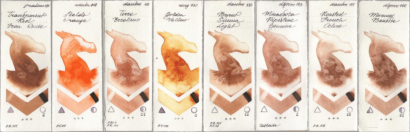 M. Graham & Co. Artists 187 Transparent Red Iron Oxide, Winsor & Newton Professional 418 Fields Orange, Daniel Smith 117 Terre Ercolano, Rosa Gallery 730 Golden Yellow, 230 Burnt Sienna Light, 143 Minnesota Pipestone Genuine, 171 Roasted French Ochre, 166 Mummy Bauxi watercolor swatch