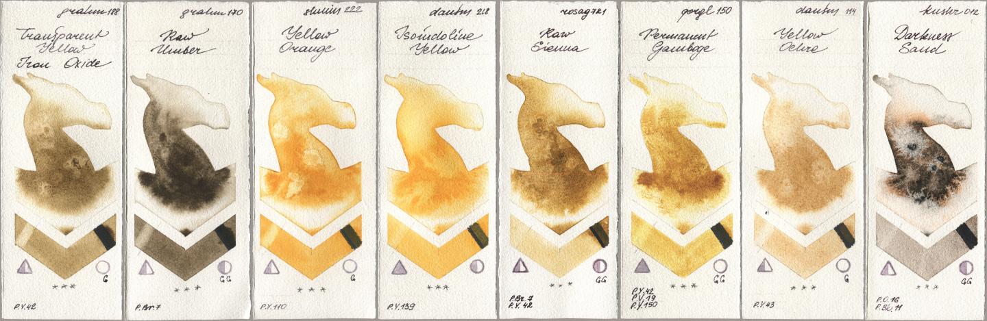 M. Graham & Co. Artists 188 Transparent Yellow Iron Oxide, 170 Raw Umber, Shminke Horadam Aquarell 222 Yellow Orange, Daniel Smith 218 Isoindoline Yellow, Rosa Gallery 721 Raw Sienna, Golden QOR 150 Permanent Gamboge, 114 Yellow Ochre, Kusakabe 012 Darkness Sa watercolor swatch