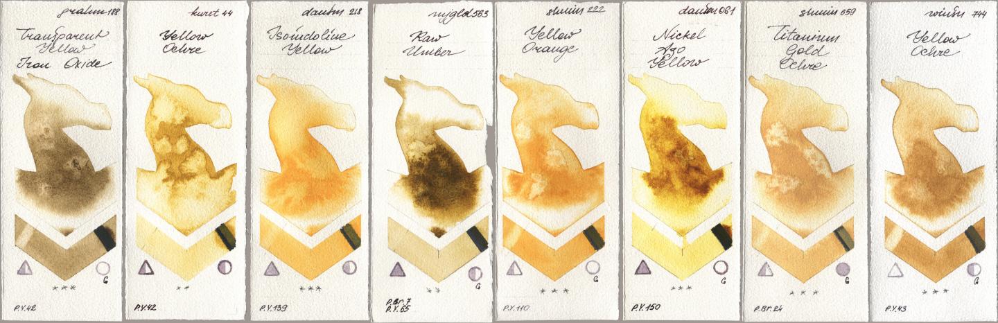 M. Graham & Co. Artists 188 Transparent Yellow Iron Oxide, Kuretake Gansai Tambi 044 Yellow Ochre, Daniel Smith 218 Isoindoline Yellow, Mijello Mission Gold 563 Raw Umber, Shminke Horadam Aquarell 222 Yellow Orange, 061 Nickel Azo Yellow, 659 Titanium Gold Ochre, Winsor & Newton Professional 744 Yellow Och watercolor swatch