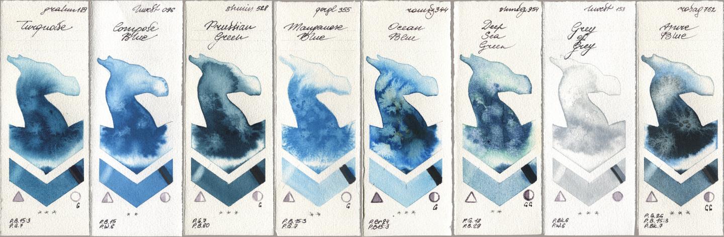 M. Graham & Co. Artists 189 Turquoise, Holbein Artists Watercolor 096 Compose Blue, Shminke Horadam Aquarell 528 Prussian Green, Golden QOR 355 Manganese Blue, Roman Szmal Aquarius 344 Ocean Blue, 954 Deep Sea Green, 153 Grey of Grey, Rosa Gallery 762 Azure Bl watercolor swatch