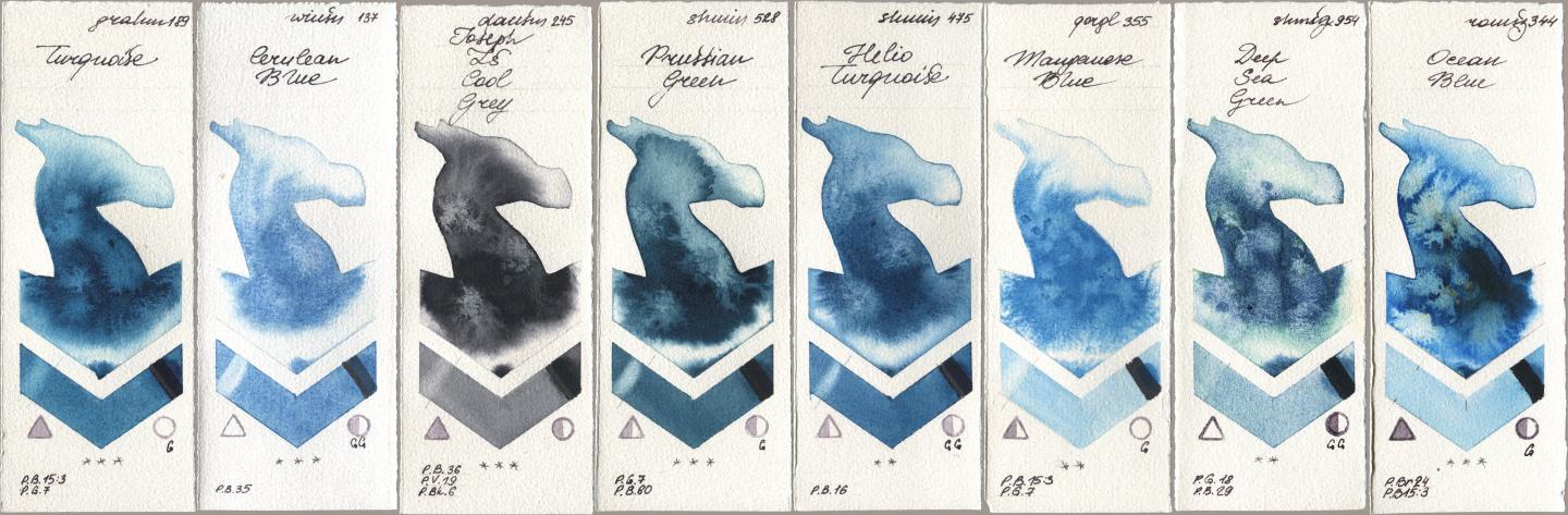 M. Graham & Co. Artists 189 Turquoise, Winsor & Newton Professional 137 Cerulean Blue, Daniel Smith 245 Joseph Zs Cool Grey, Shminke Horadam Aquarell 528 Prussian Green, 475 Helio Turquoise, Golden QOR 355 Manganese Blue, 954 Deep Sea Green, Roman Szmal Aquarius 344 Ocean Bl watercolor swatch
