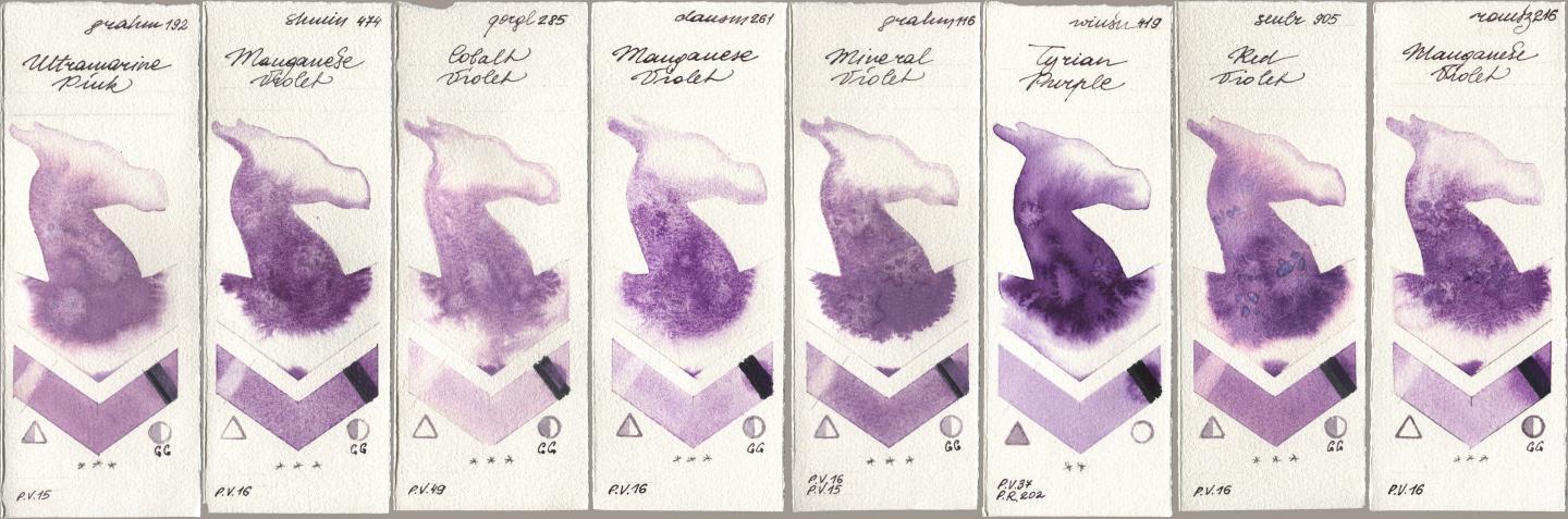 M. Graham & Co. Artists 192 Ultramarine Pink, Shminke Horadam Aquarell 474 Manganese Violet, Golden QOR 285 Cobalt Violet, Daniel Smith 261 Manganese Violet, 116 Mineral Violet, Winsor & Newton Professional 419 Tyrian Purple, Sennelier l Aquarelle 905 Red Violet, Roman Szmal Aquarius 216 Manganese Viol watercolor swatch